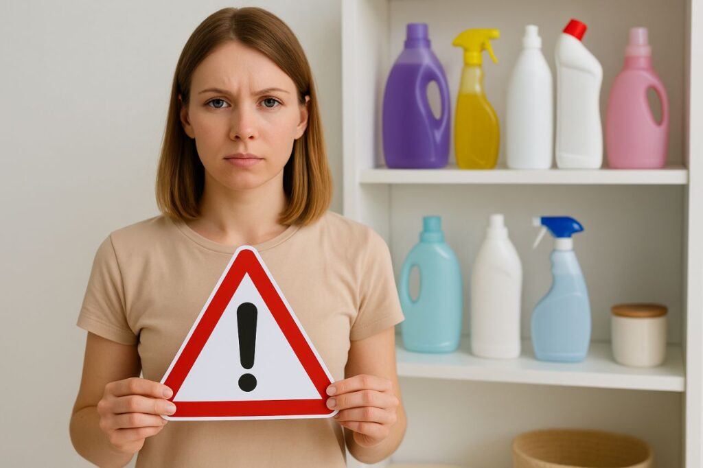 femme tenant un panneau attention devant une étagère avec les produits à éviter pour laver ses culottes menstruelles