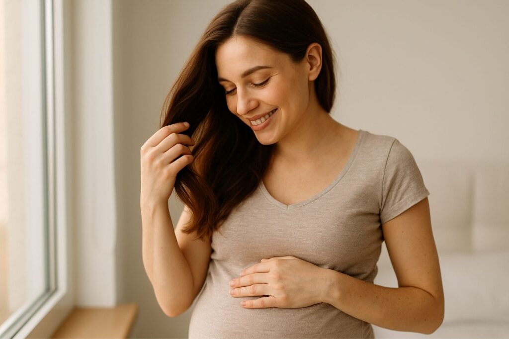 femme enceinte souriante caressant ses cheveux près d’une fenêtre, illustrant l’impact des hormones sur la chevelure
